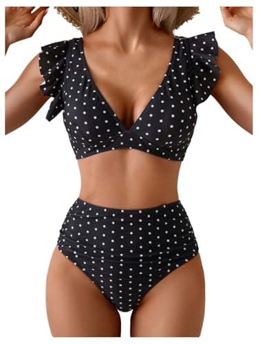 Image of GORGLITTER Women's High Waisted Bikini Sets Polka Dots Ruffle Trim V Neck Vintage Swimsuits 2 Piece Resort Swimwear Black Large