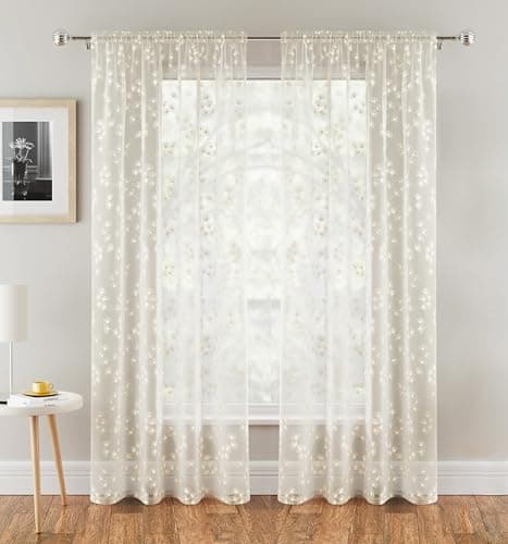Image of Tyrone Textiles Delila Pair of Cream Trail Leaf Print Sheer Voile Curtain Panels 55" x 90" (140 x 229 CM) with Rod Pocket Header