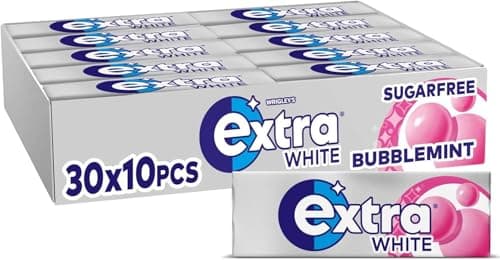 Image of Wrigley’s Extra White Chewing Gum, Bubblemint Flavour, 30 Packs of 10 Pieces, Sugar Free Chewing Gum Bulk Pack with Xylitol, Minty Freshness (300 pieces)