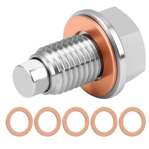 Image of Magnetic Oil Drain Plug with Copper Crush Washer – M12 X 1.5 Stainless Steel Sump Drain Nut Bolt, Oil Plug Replacement, Magnetic Oil Drain for Cars Motorcycles –5 Washers, Universal Fit