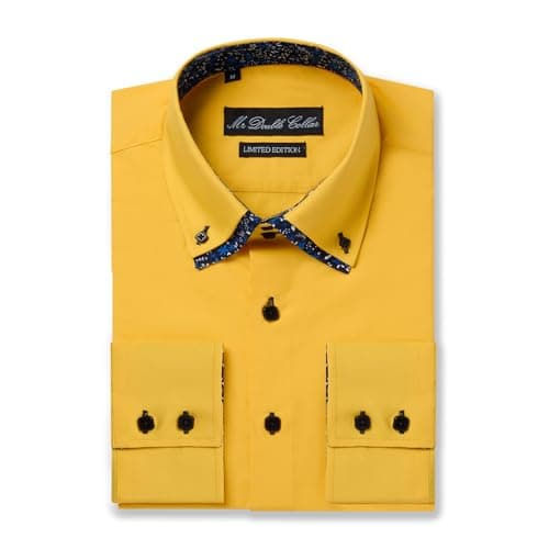 Image of MrDoubleCollar Italian Design Yellow Floral Contrast Double Collar Long Sleeve Shirt (UK, Alpha, L, Regular, Regular, Yellow Floral Collar)