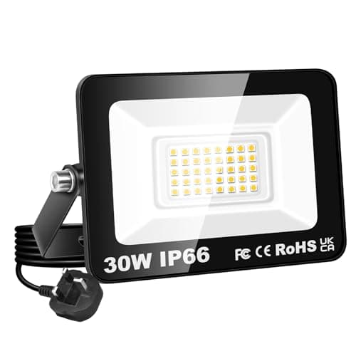 Image of PICAA 30W LED Flood Light, IP66 Waterproof Super Bright 3000LM Security Light, 3000K Warm White Outdoor Wall Light for Garden Yard Garage Patio Warehouse with UK Plug (1PCS)