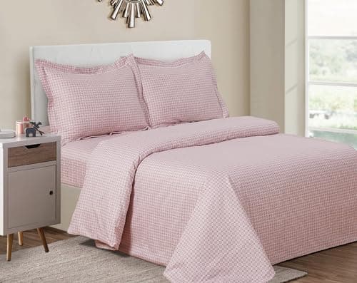 Image of Violet Linen French Geometric Tiles Dusty Rose Pattern, Luxury Ultra Soft and Breathable 200 Thread-Count Cotton Percale, Peach, Twin 39-inch, 6 Piece Duvet Set, Bedding Duvet Cover Set for Two Beds