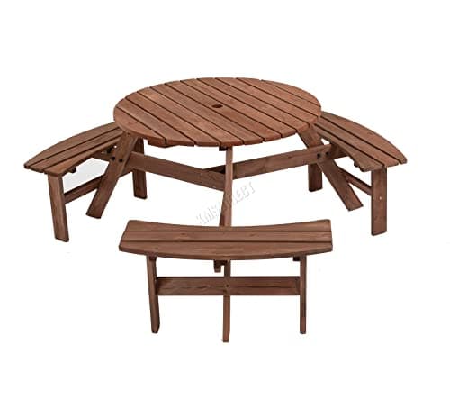 Image of BIRCHTREE Outdoor Wooden Picnic BBQ Round Table Bench Garden Patio Deck Pub Chair 6 Seats Garden Patio Home Park Furniture Fir Wood Brown New