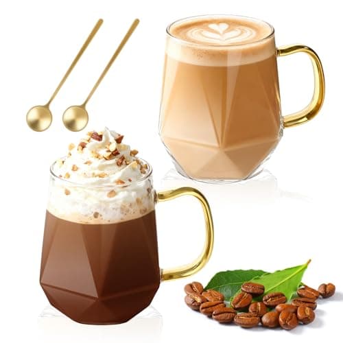 Image of LOOFORE Glass Coffee Mugs 350ml Set of 2, Glass Mugs for Hot/Cold Drinks with Handles and Spoon, Borosilicate Heat Resistant Cups for Cappuccino Latte Macchiato Espresso Tea Milk Juice Beer