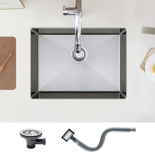 Image of Stainless Steel Kitchen Sink, KEOKBON 60x45x19cm Undermount Large Kitchen Sink with Overflow, Single Bowl, Nano Silber Finished, Undermount & flushmount & Topmount