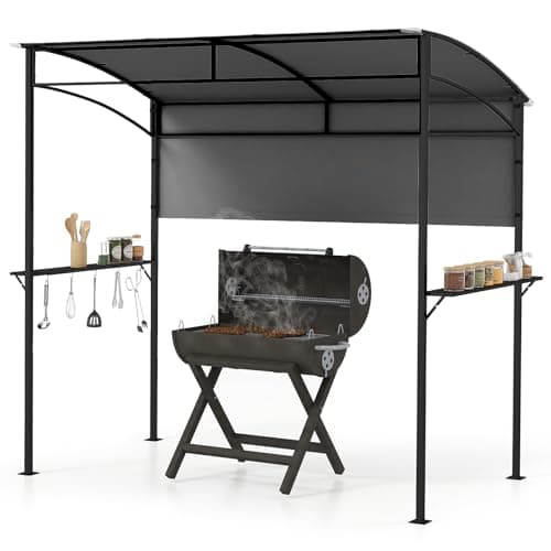 Image of SPOTRAVEL BBQ Grill Gazebo, Outdoor BBQ Shelter with Side Shelf & 5 Hooks, Metal Frame Sunshade Awning Canopy Tent for Garden Patio Backyard (Grey, 239 x 108cm, with Extra Shadow)