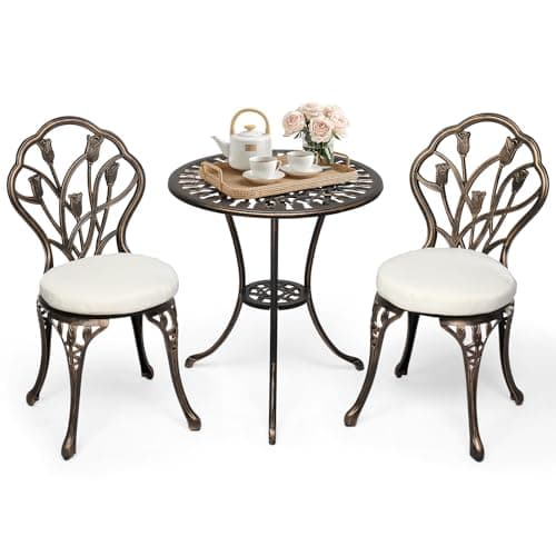 Image of Bonnlo 3 Piece Patio Bistro Set with Seat Cushion, Cast Aluminium Bistro Table and Chairs Set 2, Tulip Design (Elegant Bronze & Beige)