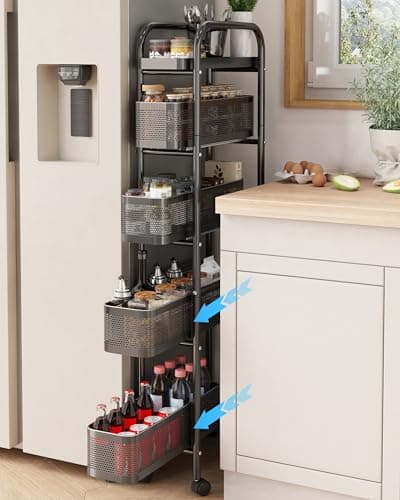 Image of UMDONX 5 Tier Rolling Cart with Pull Out Basket, Premium Metal Slim Storage Cart on Lockable Wheels, Utility Kitchen Organizer for Onion Potato Snack, Narrow Shelving Unit Pantry Wire Shelf, Black