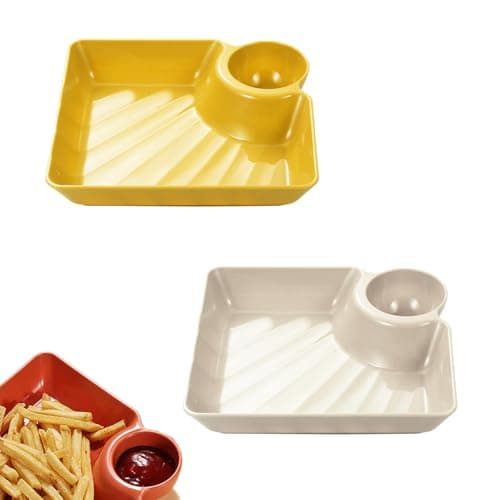 Image of PRVCFZ 2 PCS Dual Chip and Dip Bowl, Divided Serving Dishes with Sauce Compartments, Square Sectioned Plates for Party Snacks and Dining, Two Piece Set in White and Yellow