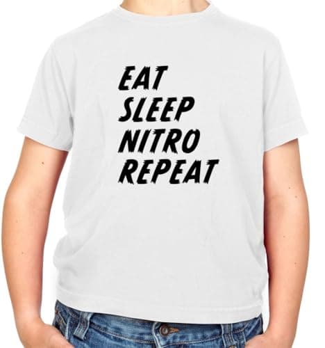 Image of Dressdown Eat Sleep Nitro Repeat - Childrens/Kids Crewneck T-Shirt - White - M (7-8 Years)