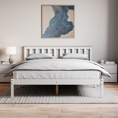Image of Vida Designs Milan King Size Bed, 5ft, Bed Frame, Solid Pine Wood, Headboard, Low Foot End, Bedroom Furniture, White & Pine