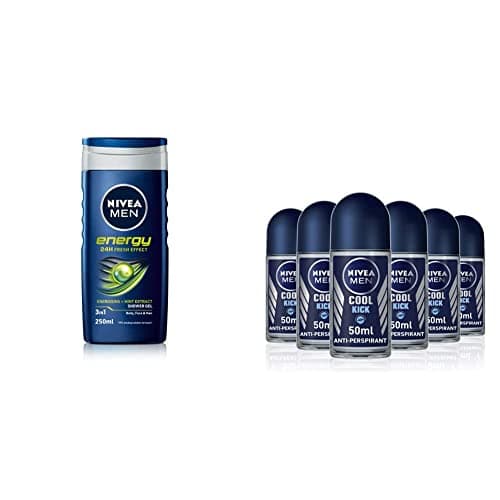 Image of Nivea Men Energy Shower Gel, 250 ml - Pack of 6 & MEN Cool Kick Anti-Perspirant Deodorant Roll On Pack of 6 (6 x 50 ml), Fresh Men's Roll On Deodorant + Fresh Masculine Fragrance