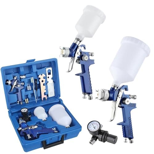 Image of 2 Set Professional Paint Sprayer, Adjustable HVLP Gravity Feed Paint Spray Gun, Air Spray Gun Kit with 0.8mm 1.4mm Nozzles, 125ml & 600ml Cups, Pressure Gauge for Car Furniture