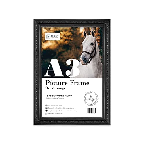 Image of Almost Frameless A3 Black Ornate Picture Frame Fits A3 (29.7 x 42cm - 11.7 x 16.5in) Poster, Photo, Artwork, or Print. Baroque Style Portrait and Landscape Display with Wall Hooks