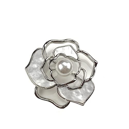 Image of Shell Hollow Camellia Brooch Pearl Floral Lapel Pin Corsage White Flower Safety Pin Scarf Dress Banquet Wedding Party Birthday Jewelry Gifts for Women Girls