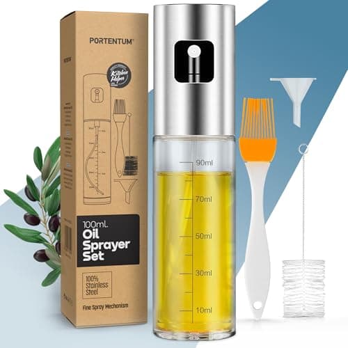 Image of PORTENTUM Oil Spray Bottle 100ml Stainless Steel Olive Oil Dispenser, Leakproof Oil Bottle with Accessories – Oil Sprayer for Cooking, BBQ, Salad and Air Fryer