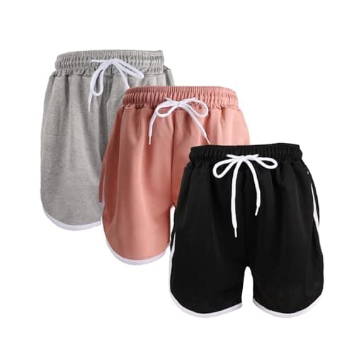 Image of Fiohiros Girls Athletic Shorts, Summer Loose 8-14 Years Girls Shorts,Colourful Sports Short for Casual Beach School 3 Pack (UK, Age, 8 Years, 10 Years, Regular, Black,Gray,Pink)