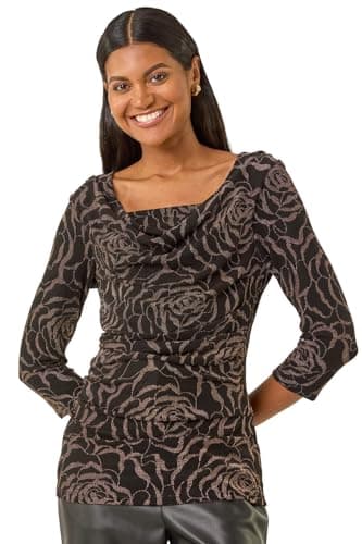 Image of Roman Cowl Neck Top for Womens UK - Ladies Jersey Blouse Stretch Ruched Waist Flattering Smart Casual Formal Party Work Office Autumn Winter Shirt 3/4 Sleeve - Bronze - Size 18