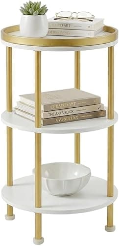 Image of Small Round Side Table, Gold Round End Table with White Shelves, 3-Tier Modern Nightstand for Bedroom & Living Room, 21.7" H Narrow Gold Accent Table for Small Spaces, Dorm, Nursery (White & Gold)