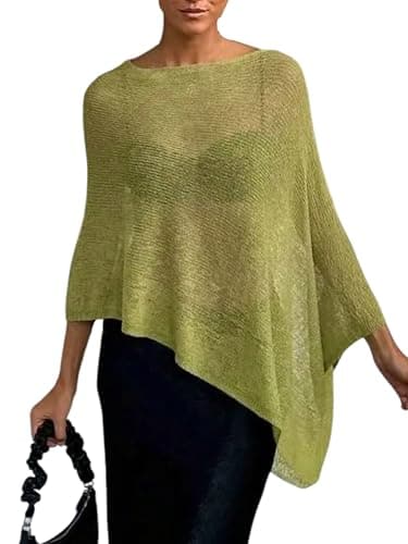 Image of GORGLITTER Women's Asymmetrical Sheer Boat Neck Jumpers Lightweight Elegant Pullover Knit Poncho Tops Green Small