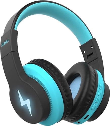 Image of Seenda Kids Bluetooth Headphones, 3 Cool LED Lights Modes Kids Foldable Headphones Over Ear with 85dB/94dB Volume Limited Wireless/Wired Headset for PC TV Tablet School Airplane, Black and Blue