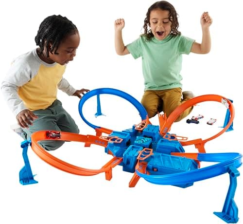 Image of Hot Wheels Criss Cross Crash Motorized Track Set, 4 High Speed Crash Zones, 4-Way Booster, 4 Loops, Includes 1 Die-Cast Vehicle, 4 to 10 Years+, DTN42 - Amazon Exclusive