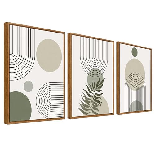 Image of Framed Canvas Wall Art Set of 3 Abstract Boho Sage Green Painting Prints for Wall Poster Geometric Line Beige Green Pictures for Living Room Bedroom Hallway Stairs 40x60cm x3pcs (No Acrylic Glass)