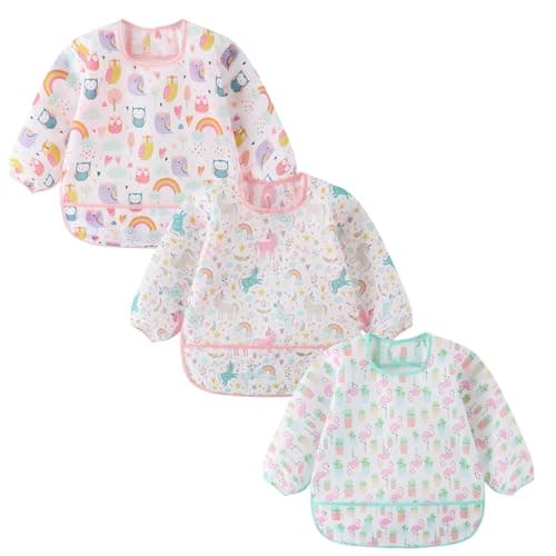 Image of ElecMotive Long Sleeve Bibs 3 Pack Waterproof Sleeved Bib Baby Toddler Soft Bib for 6-30 Months