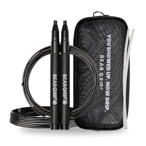 Image of BEAR GRIP Premium Adult Speed Skipping Rope – Adjustable Self-Locking Jump Rope with Cable Protector, Carry Pouch & 2 Steel Ropes - Ideal for HIIT, Crossfit, Boxing, MMA, Fitness & Workouts