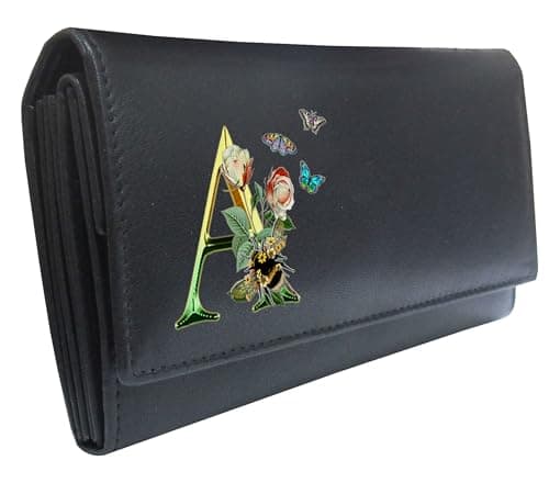Image of Klassek Womens Black Purse, Personalised Letters A to Z Initials, Alphabet Letters, Design with Butterfly, Bees and Flowers, RFID Protection, Real Animal Leather, Wallet, Multiple Colours Available