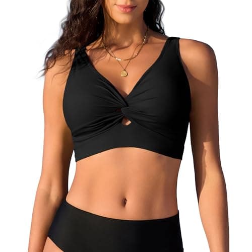 Image of Black Women's Bikini Top Twist Front V-Neck Swimwear Adjustable Padded Swim Bra Mix & Match Bathing Suit Tops for Large Bust UK Holiday Beachwear