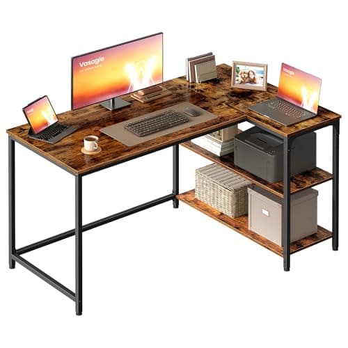 Image of VASAGLE L Shaped Corner Desk, Computer Gaming Desk with Storage, Reversible Height-Adjustable Shelves, for Home Office, 120 x 80 cm, Rustic Brown LWD136KD01