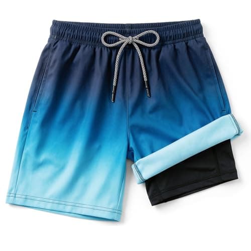 Image of OSDUE Boys Swimming Shorts with Compression Liner, Quick Dry Boys Swim Shorts 2 in 1 Anti Chafe Swim Trunks with Pockets for Beach Pool Board Swimming Trunks Kids 13-14 Years