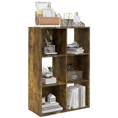 Image of HOMCOM 6-Cube Bookshelf, Modern Freestanding 3-Tier Bookcase, Display Shelving Unit for Living Room, Bedroom, Home Office, Study, Rustic Brown