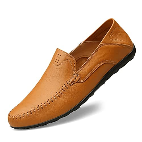 Image of Rodawu Men's Loafers Leather Casual Shoes Moccasin Handmade Slip On Driving Shoes Business Shoes Classic Yellow Brown 10.5uk