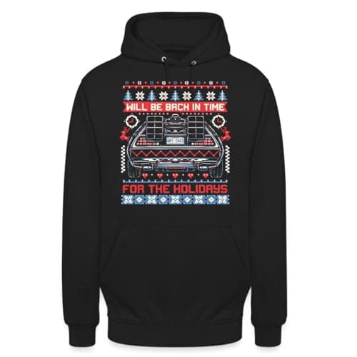 Image of Back in Time Back the Future to Future Delorean Ugly Christmas Sweater Christmas Sweatshirt Hoodie Pullover, black, L