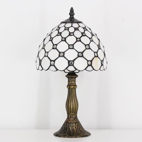 Image of SYETL Small Tiffany Lamp Stained Glass Desk Lamp Vintage Tiffany Bedside Table Lamp for Home Living Room Bedroom Nightstand 8X15 Inch (White Crystal Pearl Bead Style)