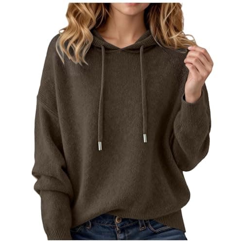 Image of Women's Cashmere Blend Hooded Jumper UK, Merino Wool Loose Fit Thermal Pullover, Lightweight Long Sleeve Knit for Festive Winter & Casual Daily Outings Coffee