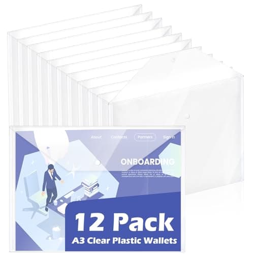 Image of 12 Pack A3 Clear Plastic Wallets Transparent A3 Press Stud Wallets Document Holder Waterproof Plastic Wallet Folder Envelope Folders Landscape Document Organizer for Office School Home