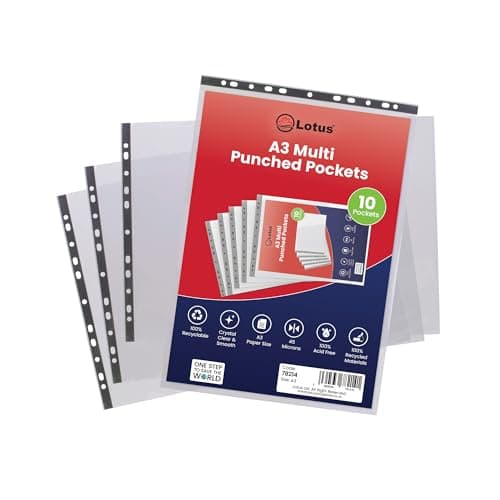 Image of Lotus Premium A3 Landscape Punched Pockets - Ultra Strong 90 Micron Transparent Poly Wallets, Glass Clear Sheet Protectors with Reinforced Edges, Ideal for Filing and Archiving - 78214 (Pack of 20)