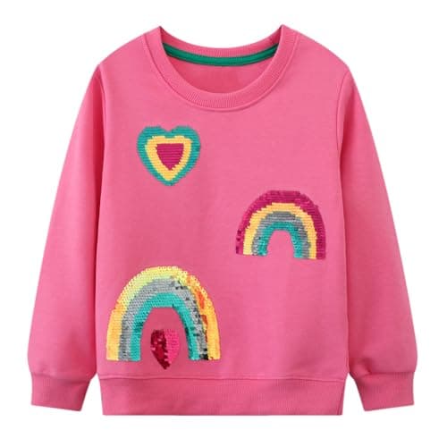 Image of Little Hand Toddler Girls Sequin Rainbow Sweatshirt Pink Cotton Long Sleeve Toddler Casual Jumpers Top Kids Clothes Child Pullover Age 2-3 Year