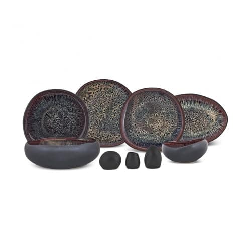 Image of Karaca 55-Piece Stoneware Crockery Set for 12 People, Multicoloured Plate Set, Dishwasher Tableware Set, Earth Collection with Galactic Reactive Glaze, Black