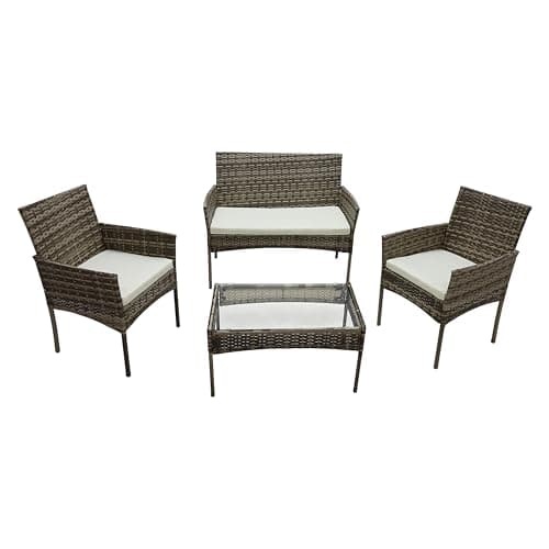 Image of Alivio 4 Piece Rattan Sofa Set, Patio Rattan Furniture Set with Coffee Table, Weather Resistant Anti-UV Cushions for Indoor Outdoor (Grey)