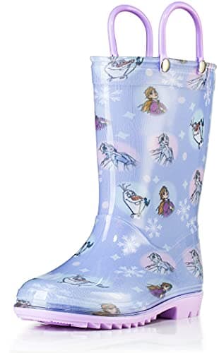Image of Disney Frozen 2 Girls Anna, Elsa and Olaf Purple PVC Waterproof Licensed Rain Boots Easy-On Handles - Size 11 Little Kid