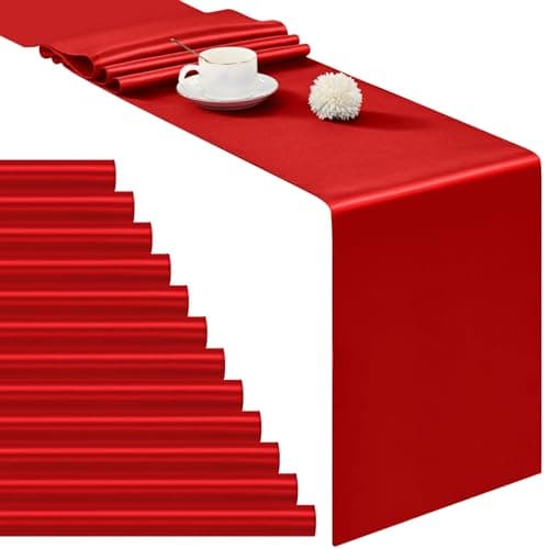 Image of 12 Pack Red Satin Table Runner 12×72 Inch Bright Smooth Silk Table Runner for Wedding,Party,Banquet,Events,Graduations Decoration fit Rectange and Round Table-Red
