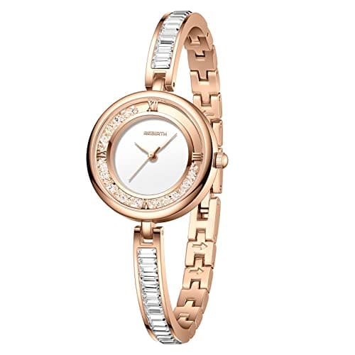 Image of JewelryWe Bracelet Watches for Women: Ladies Gold Plated Simple Round Analog Rhinestone Dress Stylish Business Casual Bangle Wristwatch
