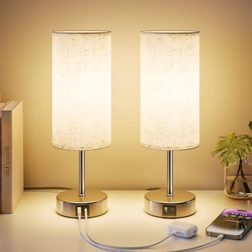 Image of UPXNBOR Bedside Lamps Set of 2, Table Lamp for Bedroom/Living Room/Study Room/Office with USB A+C Ports, Reading Light, Desk Lamp, 1.5m Cable, Linen Fabric Shade, Silver Metal Base (E27 Bulb Incl.)