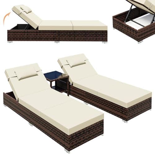 Image of UDPATIO 3PC Rattan Sun Lounger Set plus Side Table, Metal Frame Outdoor Garden Lounger Furniture with 5-level Reclining Backs, Cushions and Headrest (Brown-Mottled & White Cushions Covers)