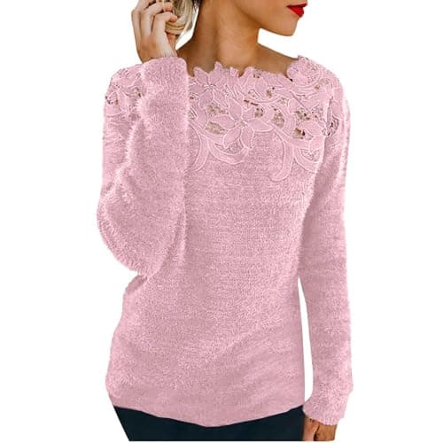 Image of HUIFUAO Lace Cashmere Jumpers Ladies Plus Size Velvet Sweaters for Women UK Long Sleeve Elegant Sexy Womens Sweatshirts and Pullover (Pink #1, XL)